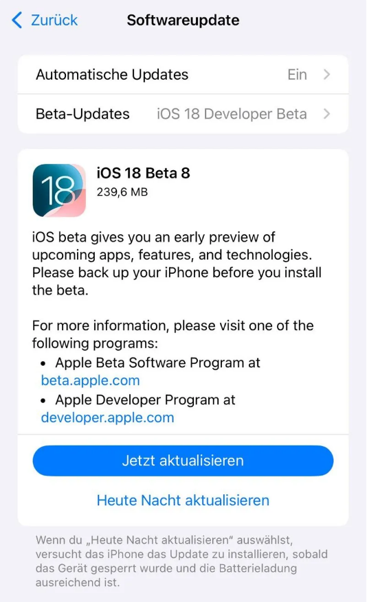 民乐苹果手机维修分享苹果 iOS / iPadOS 18 开发者预览版 Beta 8 发布 